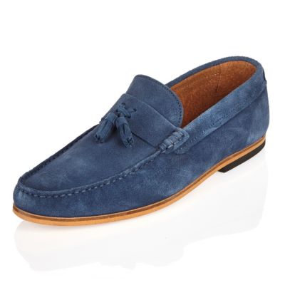 Blue suede tassel loafers